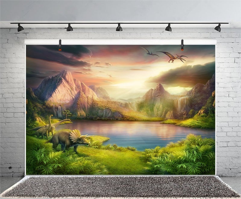 LFEEY Vinyl 10x8ft Dinosaurs Theme Backdrops for Photography Boy Birthday Party Dinosaurs World Mesozoic Forest Mountains Lake Trees Photography Background Kids Baby Shower Portrait Photo Booth Props - Image 4